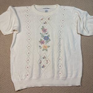Vintage Alfred Dunner‎ Embroidered Floral Knit Sweater – Ivory Short Sleeve